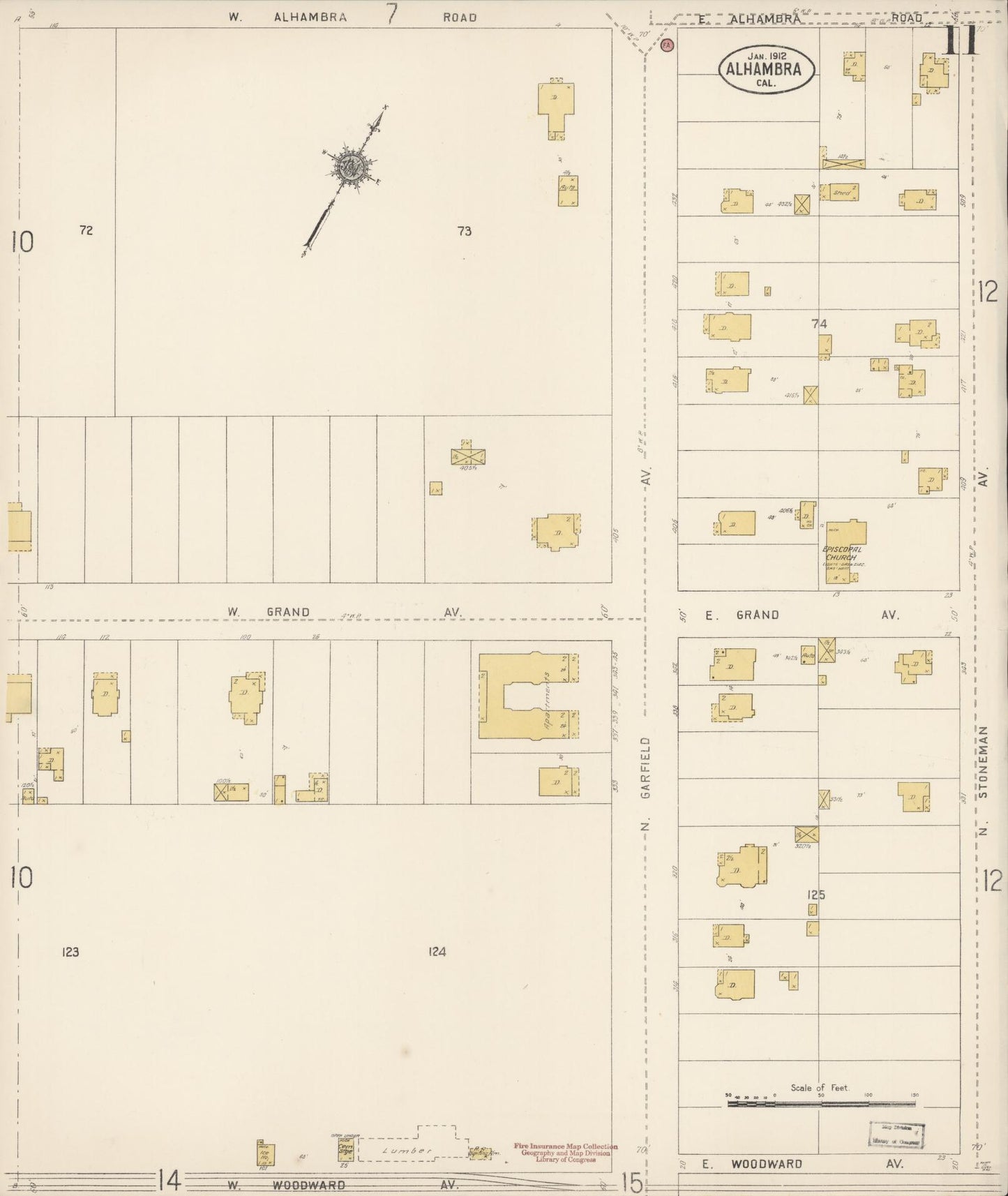 Sanborn Fire Insurance Map from Alhambra, Los Angeles County, California (1912), Sheet #0011 - Historic Sanborn Fire Insurance Map Print, vintage old map wall art, antique decor, genealogy gift, California California map