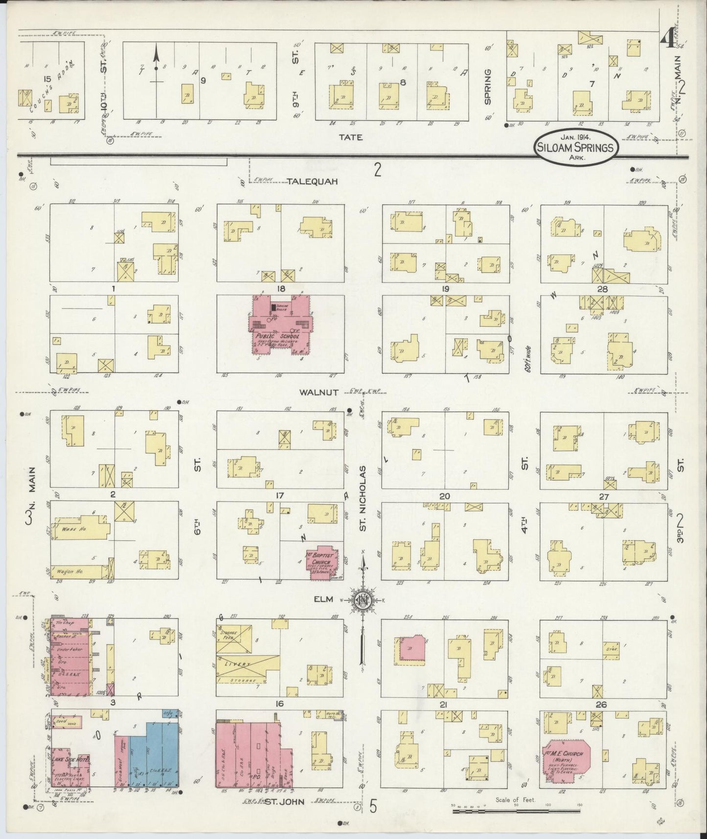 Sanborn Fire Insurance Map from Siloam Springs, Benton County, Arkansas (1914), Sheet #0004 - Historic Sanborn Fire Insurance Map Print, vintage old map wall art, antique decor, genealogy gift, Arkansas Arkansas map