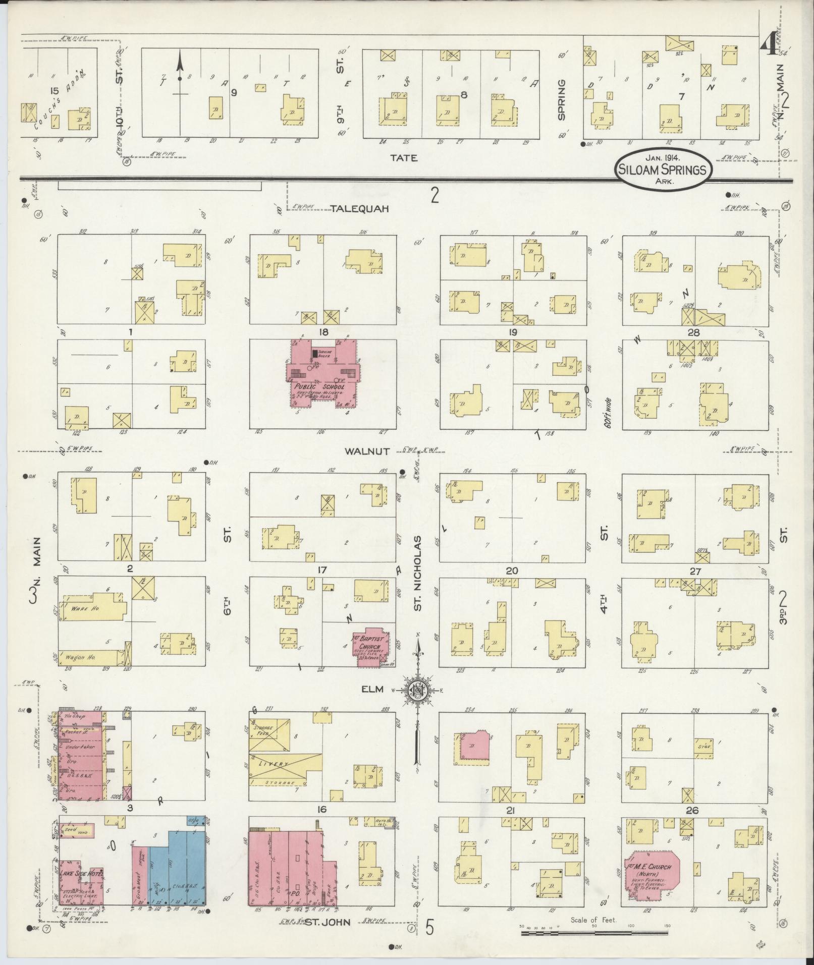 Sanborn Fire Insurance Map from Siloam Springs, Benton County, Arkansas (1914), Sheet #0004 - Historic Sanborn Fire Insurance Map Print, vintage old map wall art, antique decor, genealogy gift, Arkansas Arkansas map