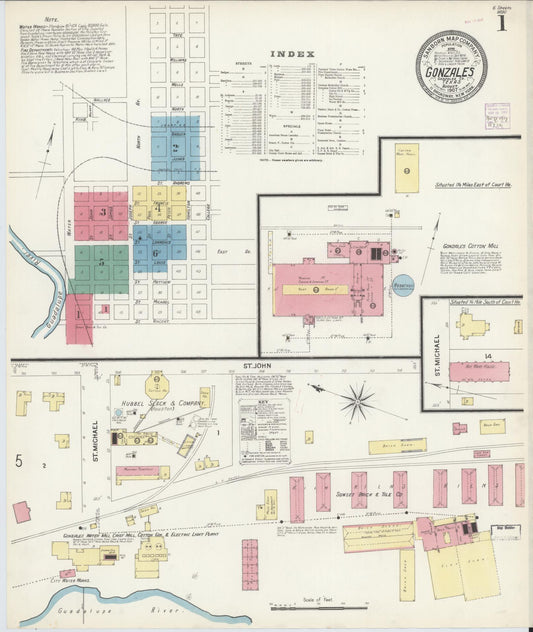 Sanborn Fire Insurance Map from Gonzales, Gonzales County, Texas (1907), Sheet #0001 - Historic Sanborn Fire Insurance Map Print, vintage old map wall art, antique decor, genealogy gift, Texas Texas map
