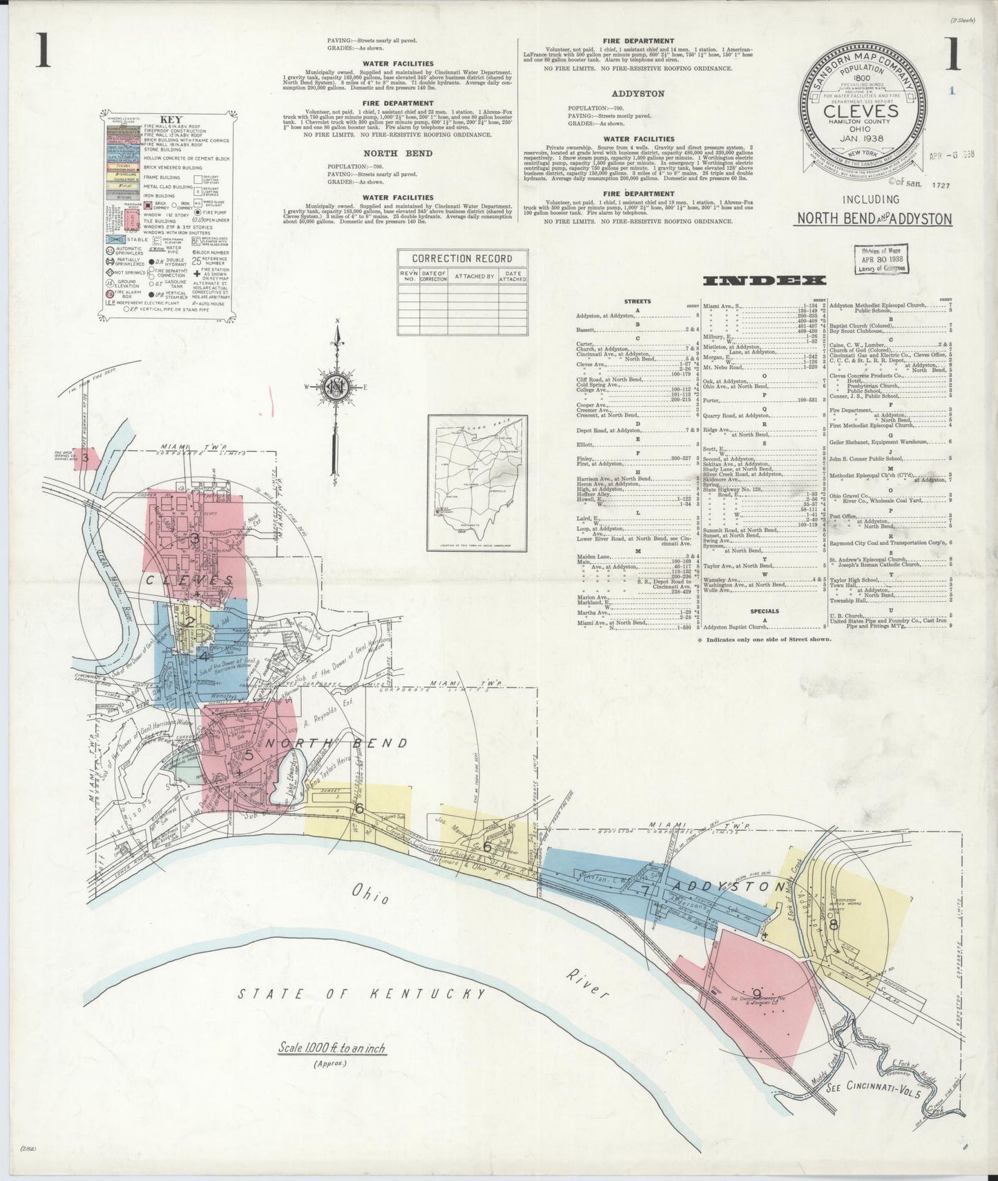 Sanborn Fire Insurance Map from Cleves, Hamilton County, Ohio (1938), Sheet #0001 - Complete Map Set gallery image, historic Sanborn map, vintage wall art, Ohio Ohio