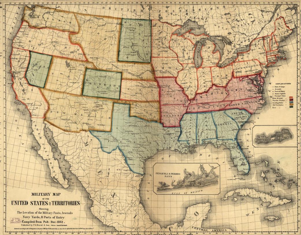 Military map of the United States & territories showing the location of the military posts, arsenals, Navy Yards, & ports of entry. Compiled from pub-doc--1861. Civil War Map (1861) - Historic Battlefield Map Reprint