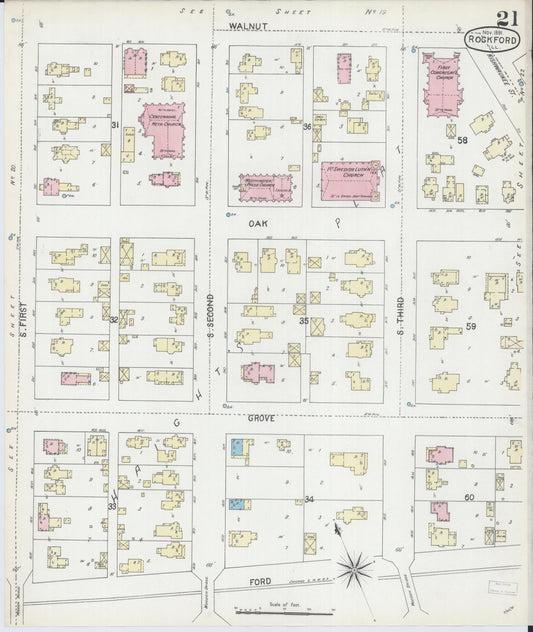 Sanborn Fire Insurance Map from Rockford, Winnebago County, Illinois (1891), Sheet #0021 - Historic Sanborn Fire Insurance Map Print, vintage old map wall art, antique decor, genealogy gift, Illinois Illinois map
