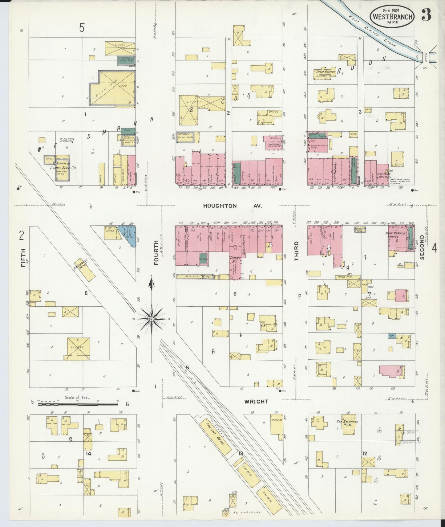Sanborn Fire Insurance Map from West Branch, Ogemaw County, Michigan (1909), Sheet #0003 - Complete Map Set gallery image, historic Sanborn map, vintage wall art, Michigan Michigan