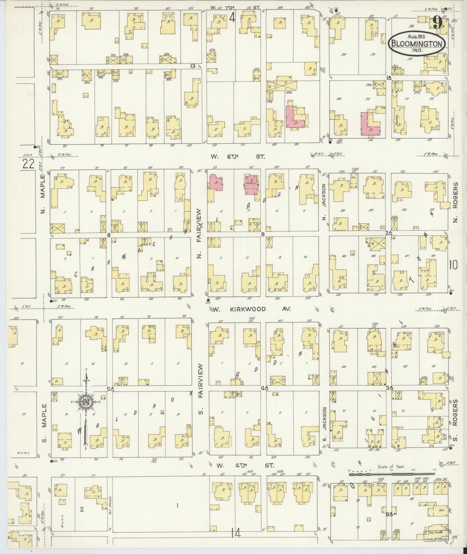 Sanborn Fire Insurance Map from Bloomington, Monroe County, Indiana (1913), Sheet #0009 - Historic Sanborn Fire Insurance Map Print, vintage old map wall art, antique decor, genealogy gift, Indiana Indiana map