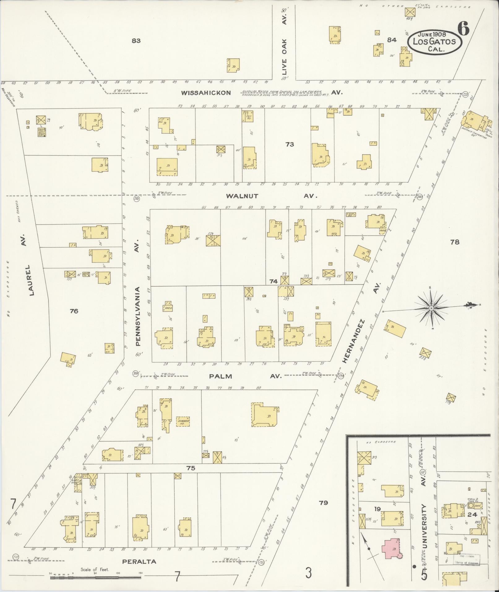 Sanborn Fire Insurance Map from Los Gatos, Santa Clara County, California (1908), Sheet #0006 - Historic Sanborn Fire Insurance Map Print, vintage old map wall art, antique decor, genealogy gift, California California map