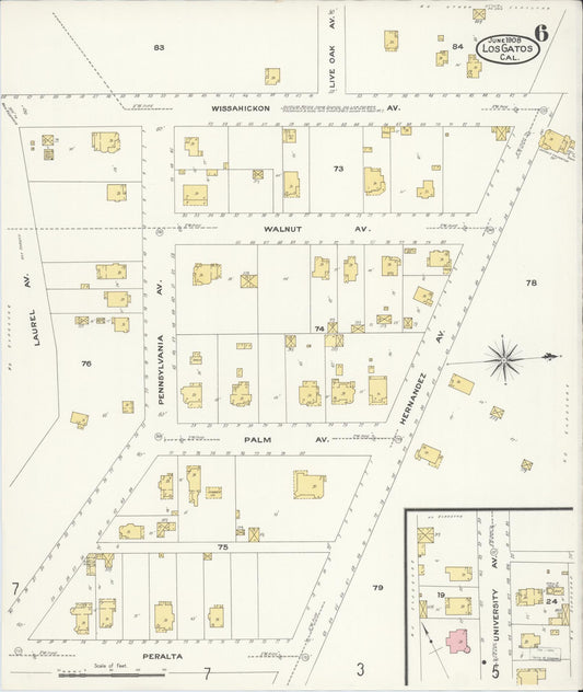 Sanborn Fire Insurance Map from Los Gatos, Santa Clara County, California (1908), Sheet #0006 - Historic Sanborn Fire Insurance Map Print, vintage old map wall art, antique decor, genealogy gift, California California map