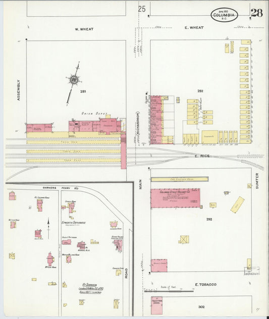 Sanborn Fire Insurance Map from Columbia, Richland County, South Carolina (1910), Sheet #0028 - Historic Sanborn Fire Insurance Map Print, vintage old map wall art, antique decor, genealogy gift, South Carolina South Carolina map