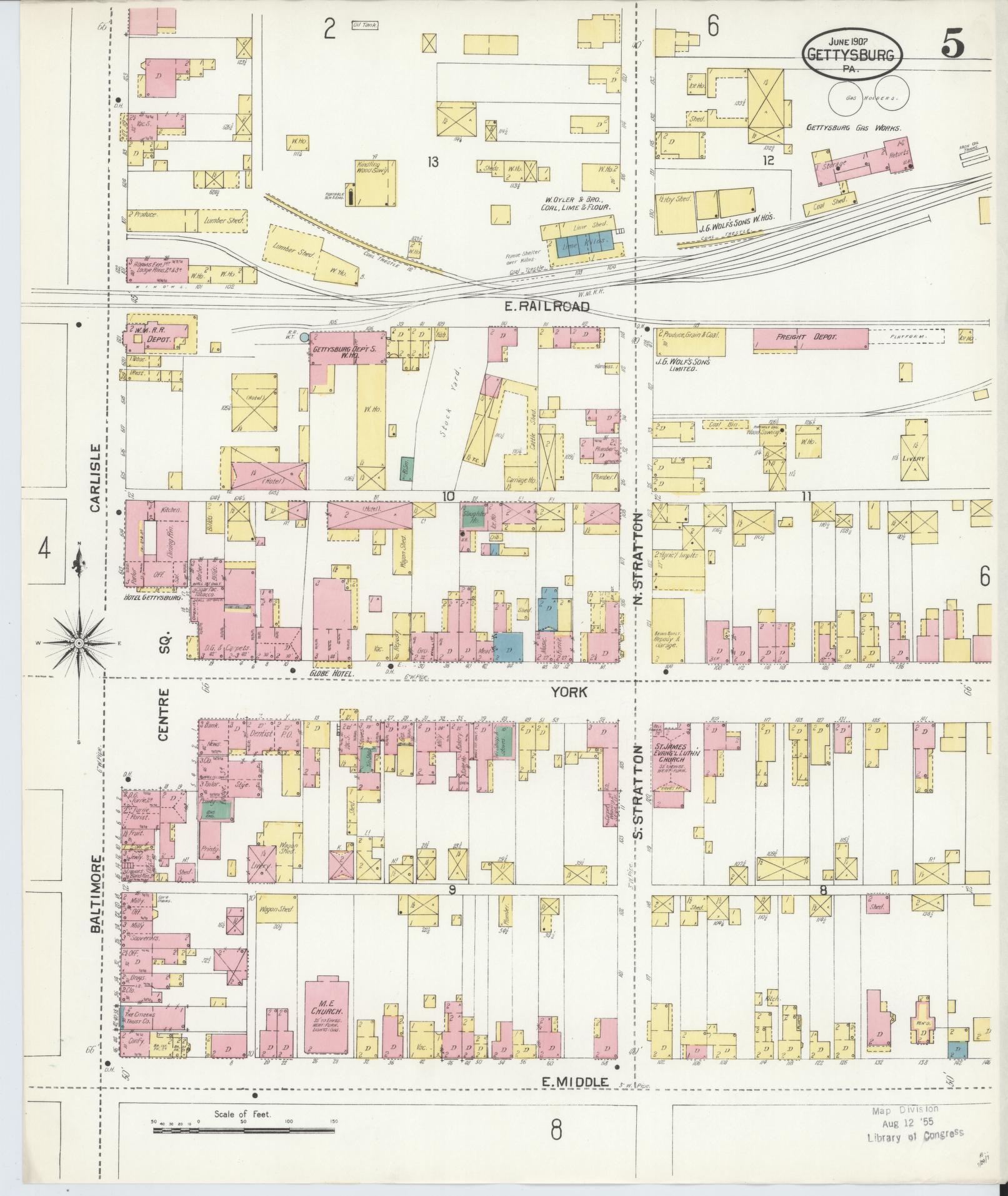 Sanborn Fire Insurance Map from Gettysburg, Adams County, Pennsylvania (1907), Sheet #0005 - Historic Sanborn Fire Insurance Map Print, vintage old map wall art, antique decor, genealogy gift, Pennsylvania Pennsylvania map