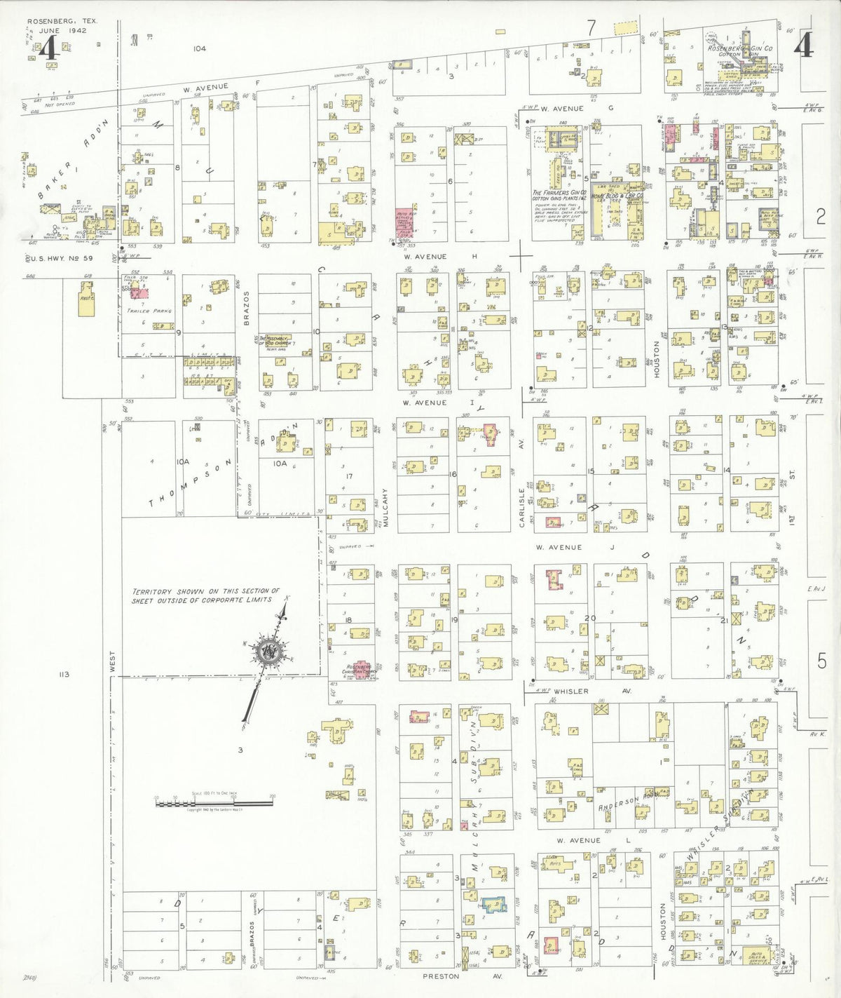 Sanborn Fire Insurance Map from Rosenberg, Fort Bend County, Texas (1942), Sheet #0004 - Complete Map Set gallery image, historic Sanborn map, vintage wall art, Texas Texas