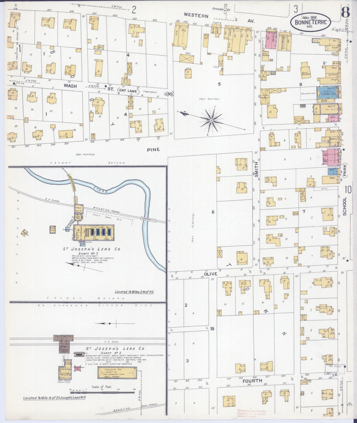 Sanborn Fire Insurance Map from Bonne Terre, Saint Francois County, Missouri (1908), Sheet #0008 - Complete Map Set gallery image, historic Sanborn map, vintage wall art, Missouri Missouri