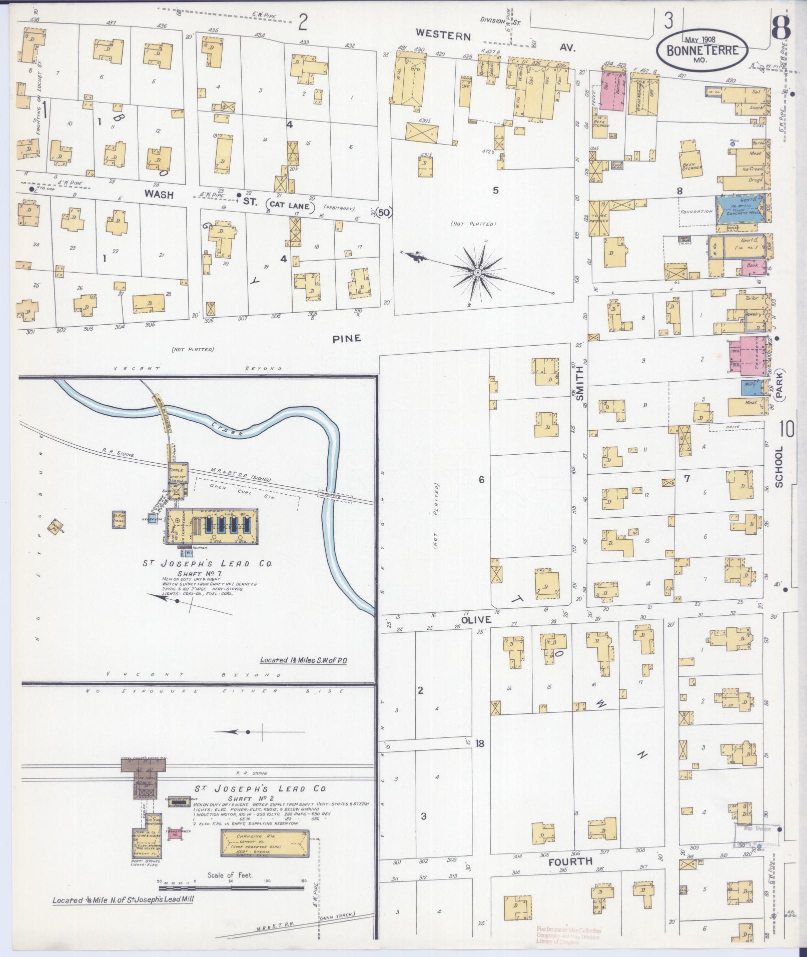 Sanborn Fire Insurance Map from Bonne Terre, Saint Francois County, Missouri (1908), Sheet #0008 - Complete Map Set gallery image, historic Sanborn map, vintage wall art, Missouri Missouri