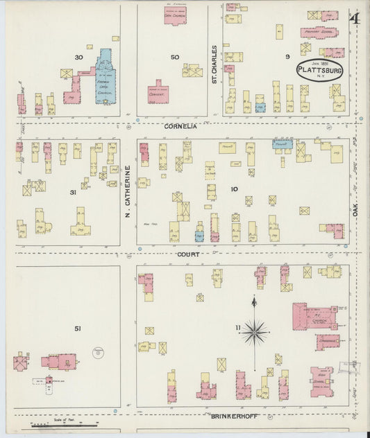 Sanborn Fire Insurance Map from Plattsburg, Clinton County, New York (1891), Sheet #0004 - Historic Sanborn Fire Insurance Map Print, vintage old map wall art, antique decor, genealogy gift, New York New York map
