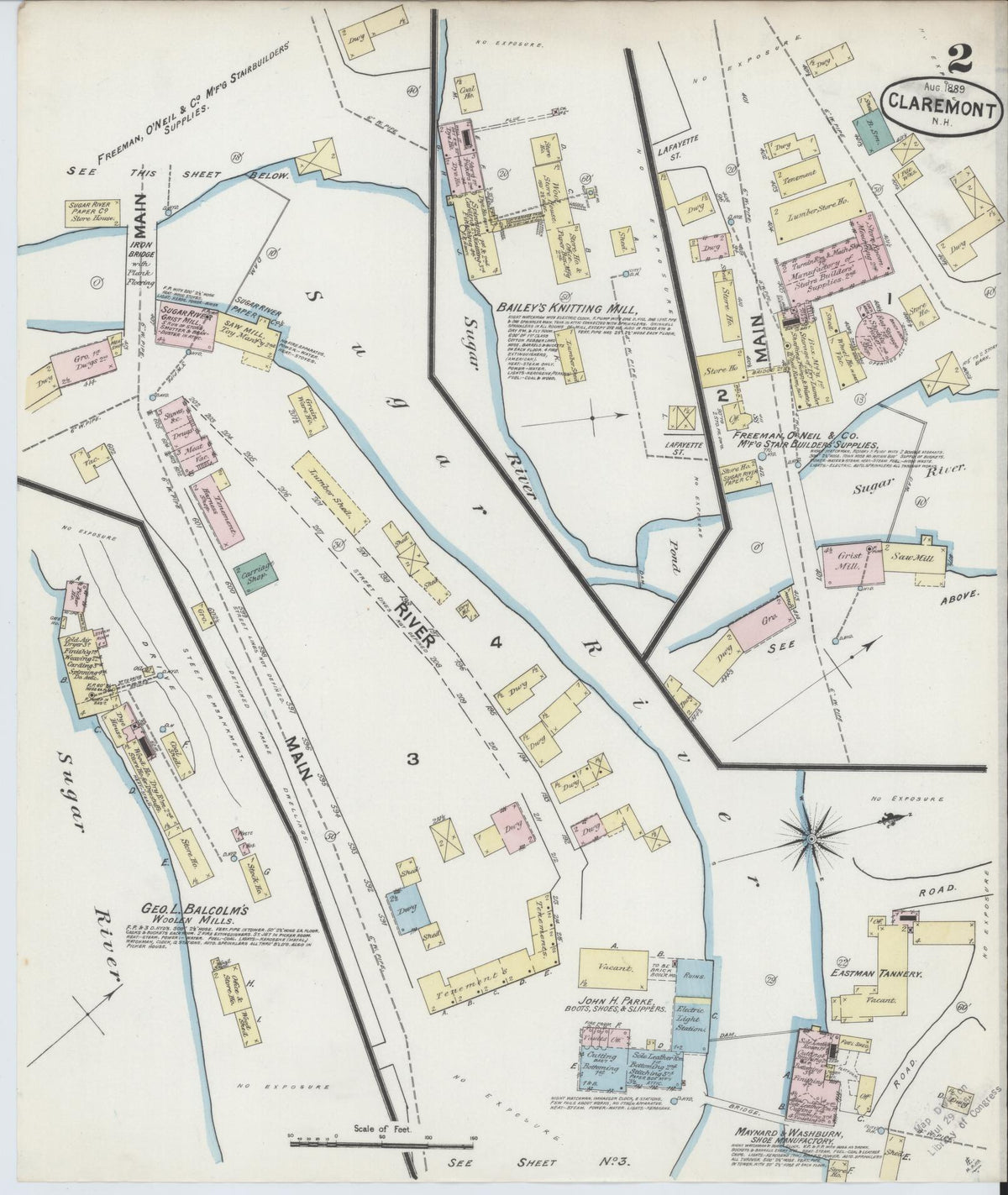 Sanborn Fire Insurance Map from Claremont, Sullivan County, New Hampshire (1889), Sheet #0002 - Historic Sanborn Fire Insurance Map Print, vintage old map wall art, antique decor, genealogy gift, New Hampshire New Hampshire map