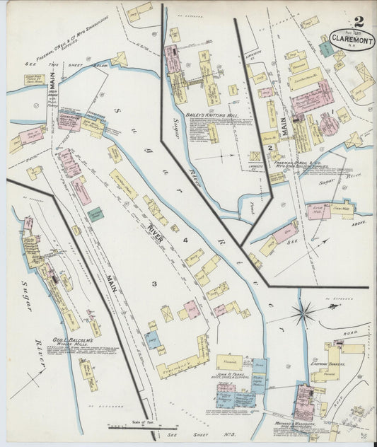 Sanborn Fire Insurance Map from Claremont, Sullivan County, New Hampshire (1889), Sheet #0002 - Historic Sanborn Fire Insurance Map Print, vintage old map wall art, antique decor, genealogy gift, New Hampshire New Hampshire map