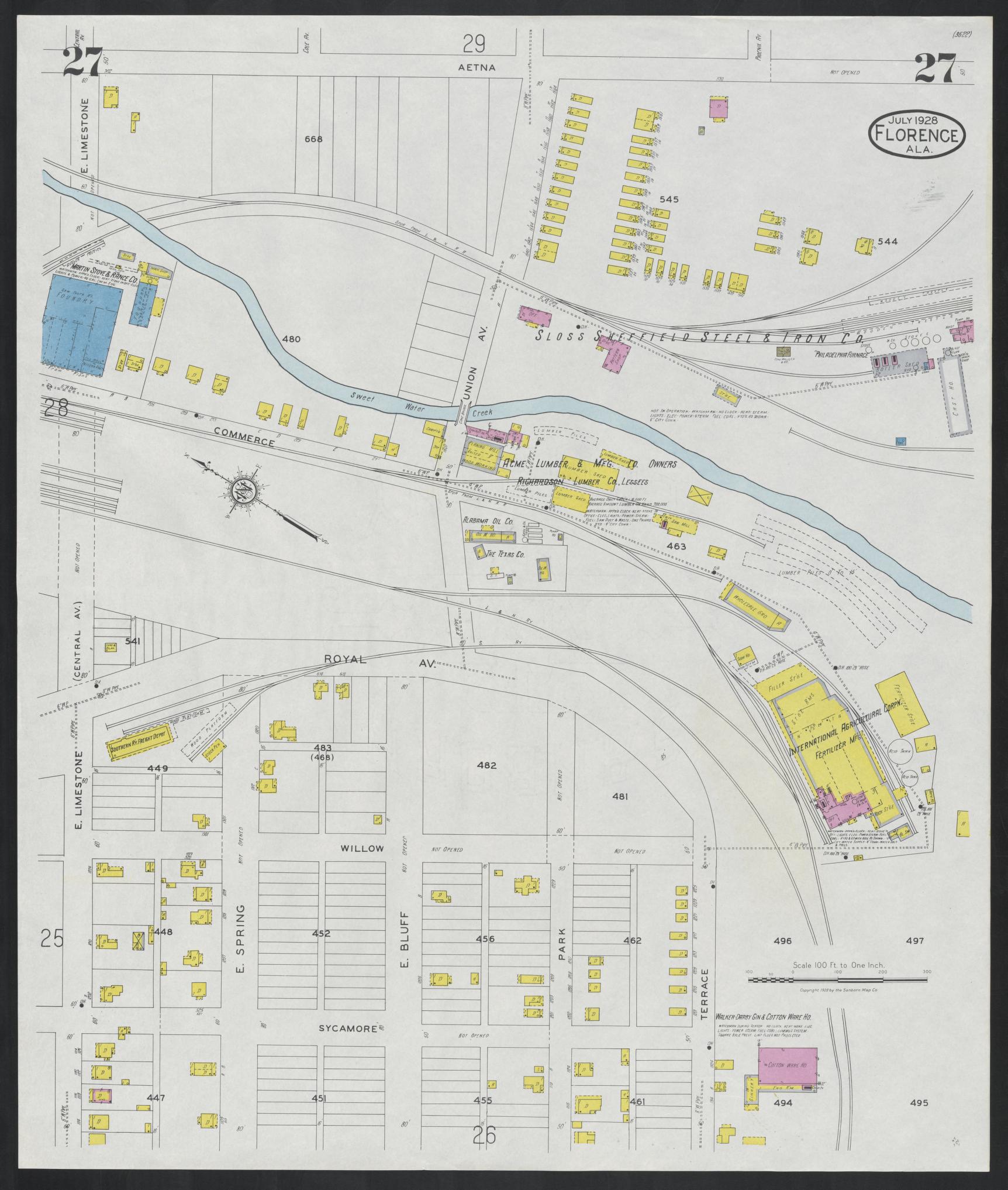 Sanborn Fire Insurance Map from Florence, Lauderdale County, Alabama (1928), Sheet #0027 - Historic Sanborn Fire Insurance Map Print, vintage old map wall art, antique decor, genealogy gift, Alabama Alabama map