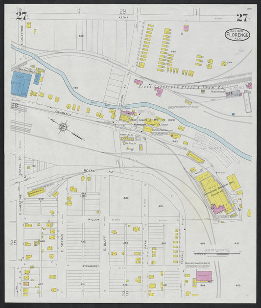 Sanborn Fire Insurance Map from Florence, Lauderdale County, Alabama (1928), Sheet #0027 - Historic Sanborn Fire Insurance Map Print, vintage old map wall art, antique decor, genealogy gift, Alabama Alabama map