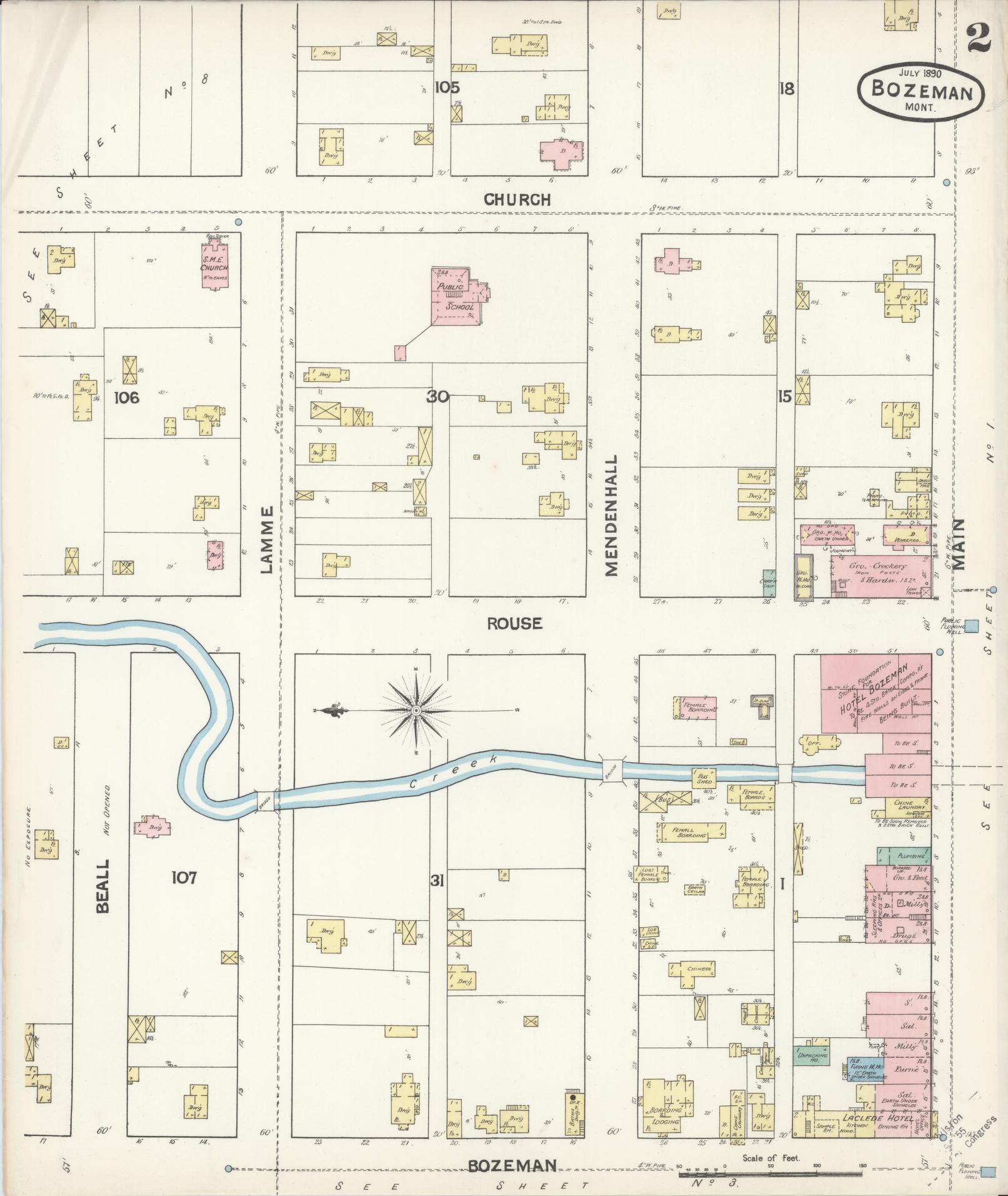 Sanborn Fire Insurance Map from Bozeman, Gallatin County, Montana (1890), Sheet #0002 - Historic Sanborn Fire Insurance Map Print, vintage old map wall art, antique decor, genealogy gift, Montana Montana map