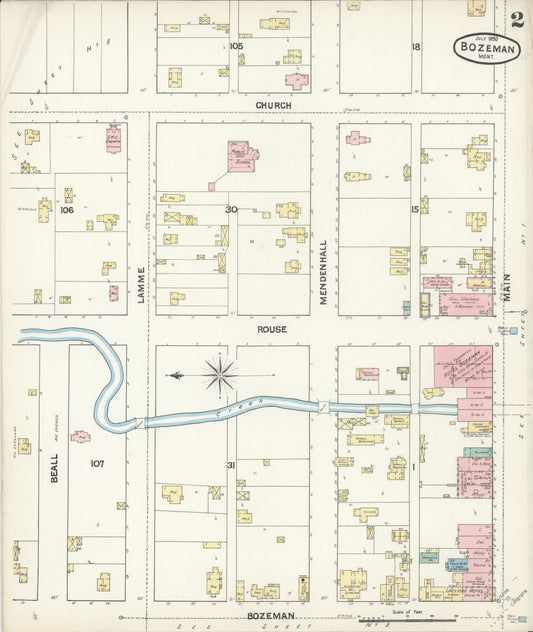 Sanborn Fire Insurance Map from Bozeman, Gallatin County, Montana (1890), Sheet #0002 - Historic Sanborn Fire Insurance Map Print, vintage old map wall art, antique decor, genealogy gift, Montana Montana map