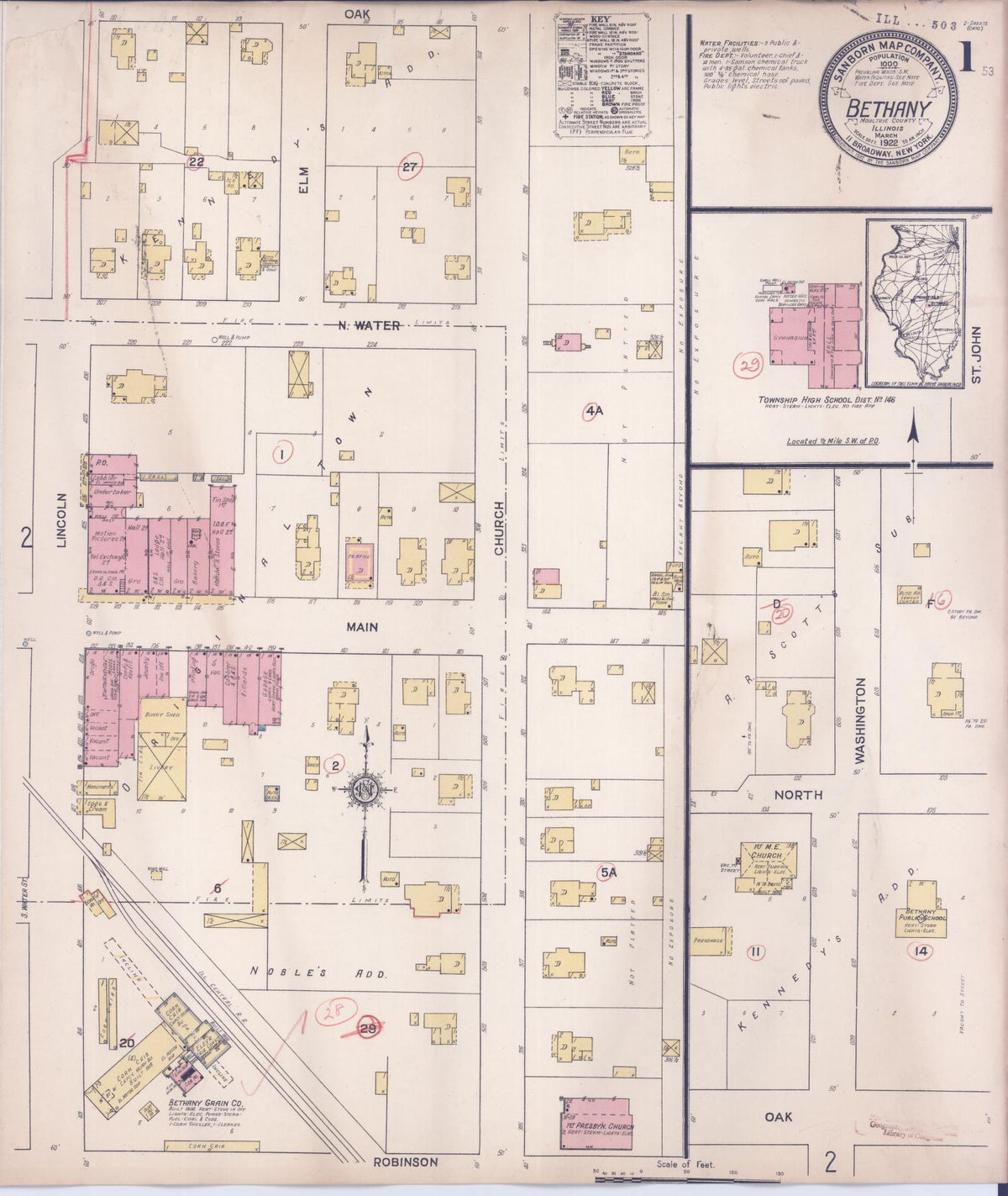 Sanborn Fire Insurance Map from Bethany, Moultrie County, Illinois (1922), Sheet #0001 - Complete Map Set gallery image, historic Sanborn map, vintage wall art, Illinois Illinois