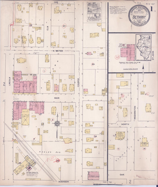Sanborn Fire Insurance Map from Bethany, Moultrie County, Illinois (1922), Sheet #0001 - Complete Map Set gallery image, historic Sanborn map, vintage wall art, Illinois Illinois