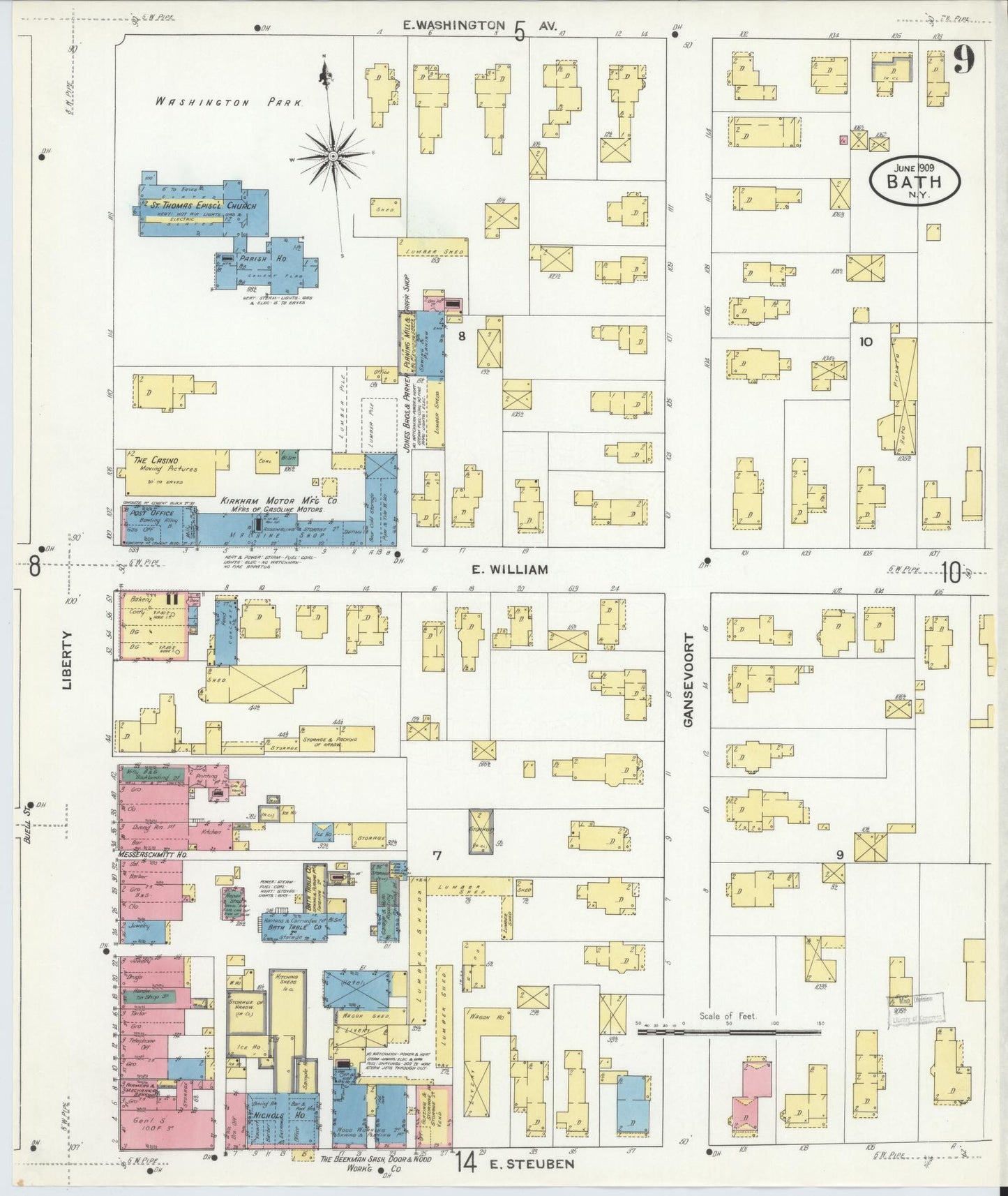 Sanborn Fire Insurance Map from Bath, Steuben County, New York (1909), Sheet #0009 - Complete Map Set gallery image, historic Sanborn map, vintage wall art, New York New York
