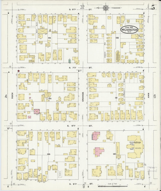 Sanborn Fire Insurance Map from Wilmington, New Hanover County, North Carolina (1910), Sheet #0005 - Historic Sanborn Fire Insurance Map Print, vintage old map wall art, antique decor, genealogy gift, North Carolina North Carolina map