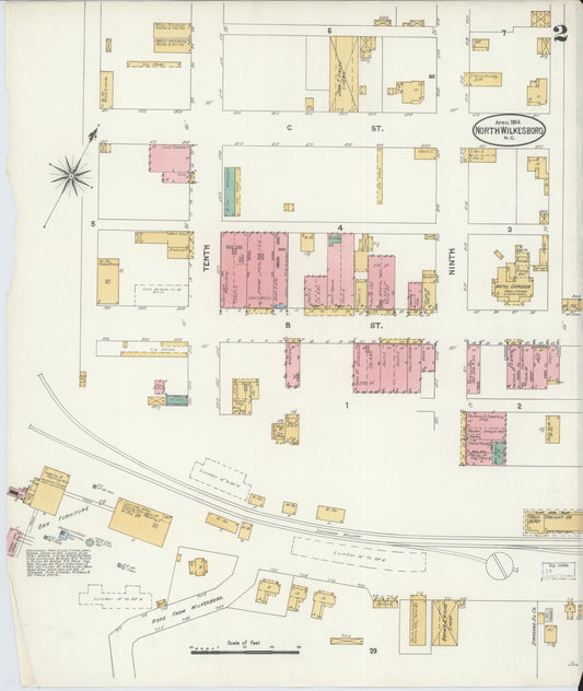 Sanborn Fire Insurance Map from North Wilkesboro, Wilkes County, North Carolina (1904), Sheet #0002 - Historic Sanborn Fire Insurance Map Print, vintage old map wall art, antique decor, genealogy gift, North Carolina North Carolina map