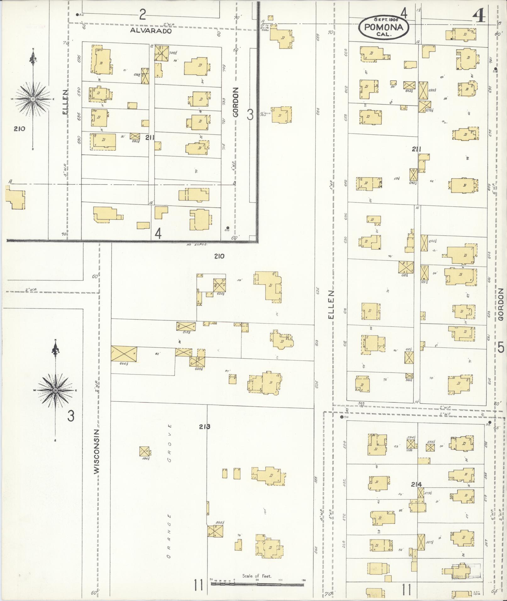Sanborn Fire Insurance Map from Pomona, Los Angeles County, California (1906), Sheet #0004 - Complete Map Set gallery image, historic Sanborn map, vintage wall art, California California