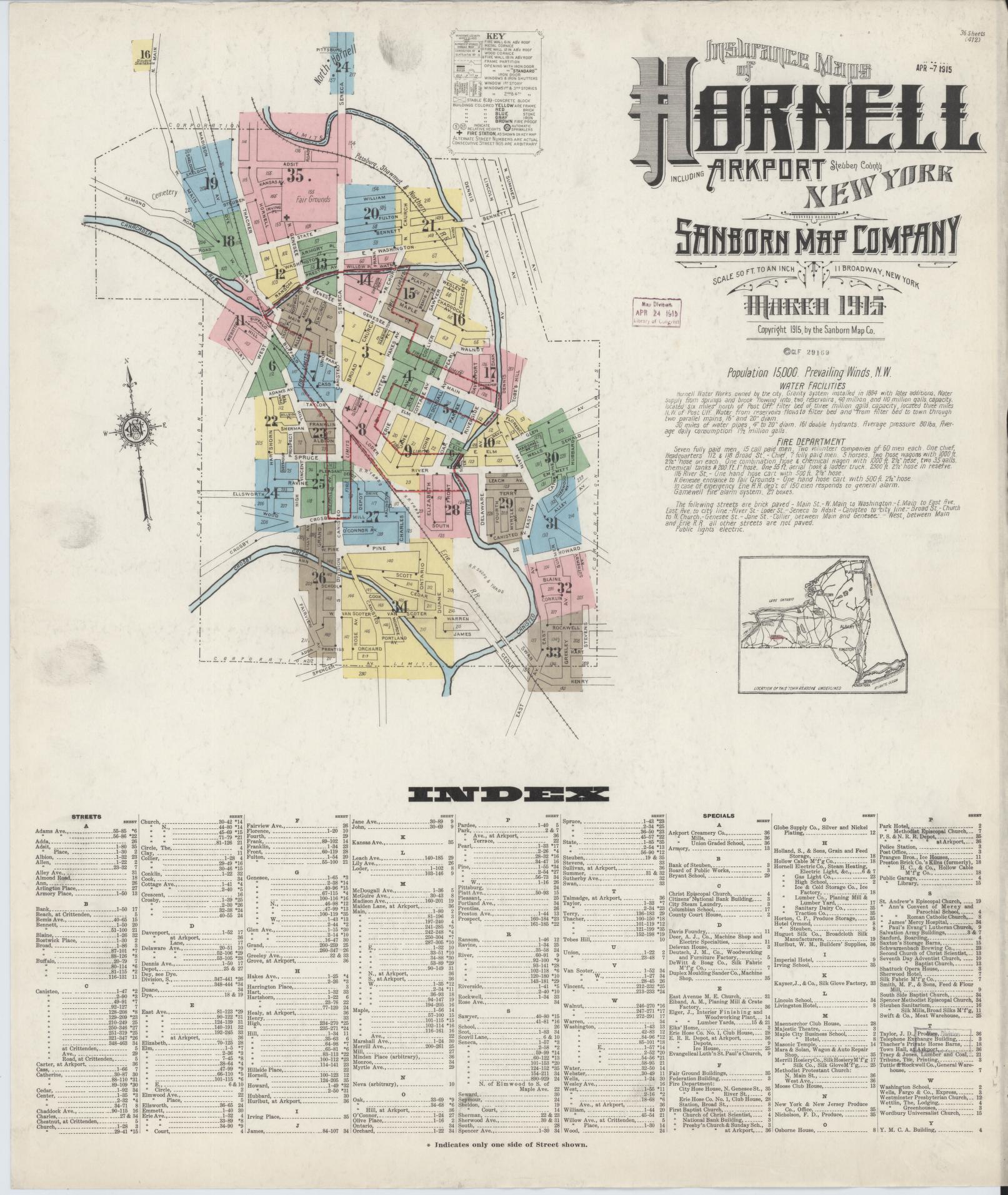 Sanborn Fire Insurance Map from Hornell, Steuben County, New York. (1915) – Historic Sanborn Fire Insurance Map Print