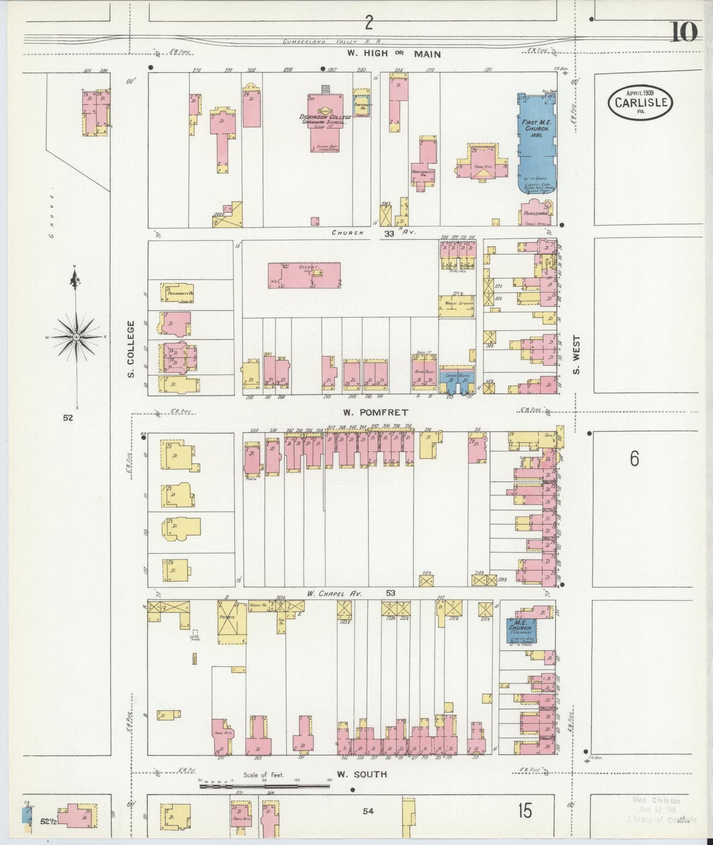 Sanborn Fire Insurance Map from Carlisle, Cumberland County, Pennsylvania (1909), Sheet #0010 - Historic Sanborn Fire Insurance Map Print, vintage old map wall art, antique decor, genealogy gift, Pennsylvania Pennsylvania map