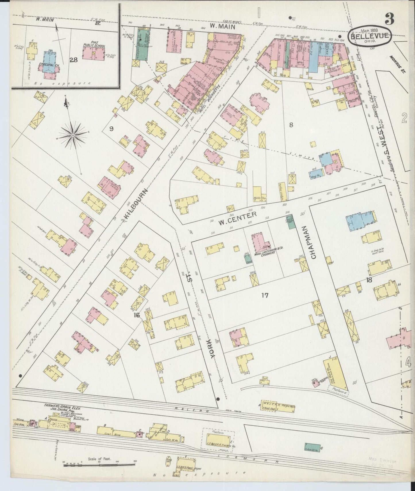 Sanborn Fire Insurance Map from Bellevue, Huron And Sandusky County, Ohio (1893), Sheet #0003 - Complete Map Set gallery image, historic Sanborn map, vintage wall art, Ohio Ohio