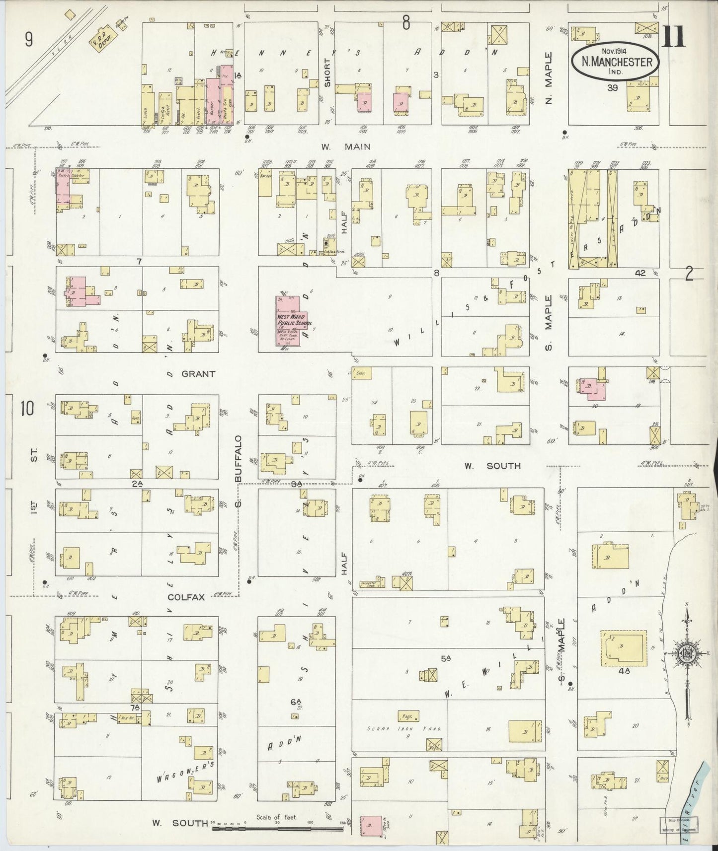 Sanborn Fire Insurance Map from North Manchester, Wabash County, Indiana (1914), Sheet #0011 - Complete Map Set gallery image, historic Sanborn map, vintage wall art, Indiana Indiana