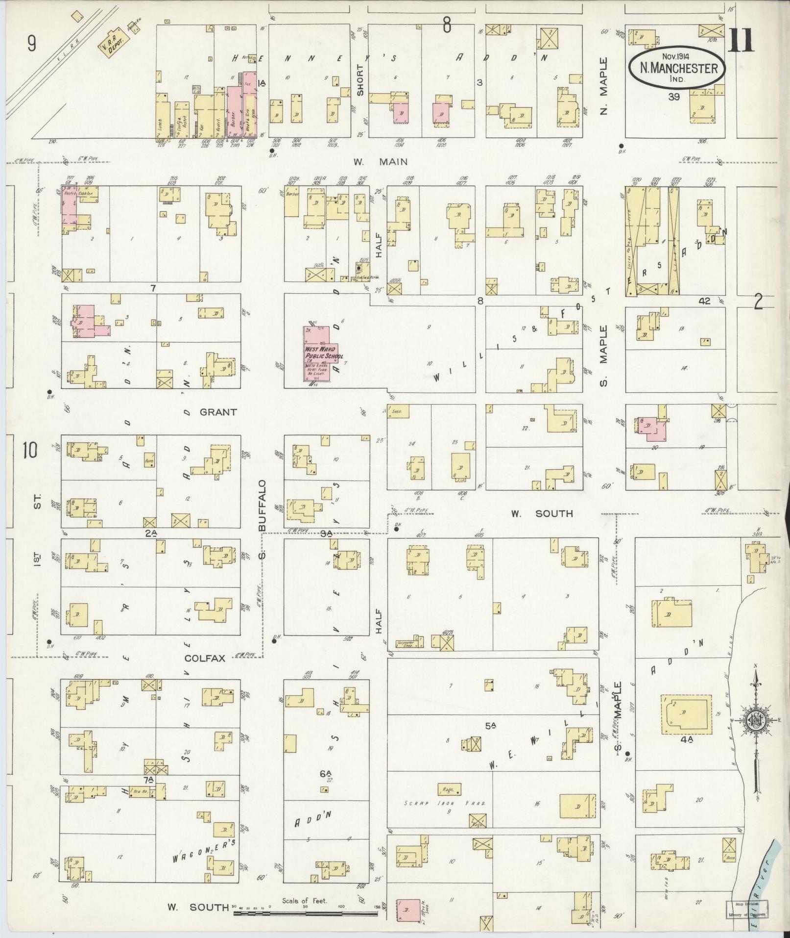 Sanborn Fire Insurance Map from North Manchester, Wabash County, Indiana (1914), Sheet #0011 - Complete Map Set gallery image, historic Sanborn map, vintage wall art, Indiana Indiana