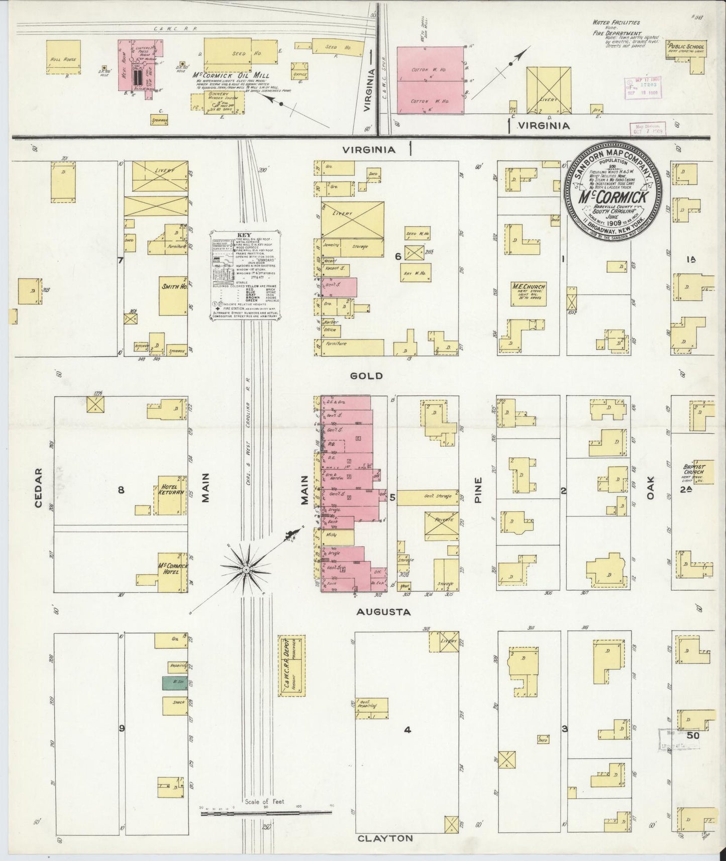 Sanborn Fire Insurance Map from McCormick, McCormick County, South Carolina (1909), Sheet #0001 - Historic Sanborn Fire Insurance Map Print, vintage old map wall art, antique decor, genealogy gift, South Carolina South Carolina map