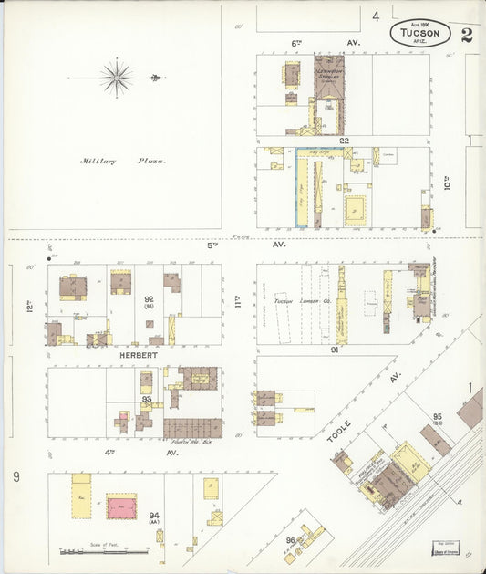 Sanborn Fire Insurance Map from Tucson, Pima County, Arizona (1896), Sheet #0002 - Historic Sanborn Fire Insurance Map Print, vintage old map wall art, antique decor, genealogy gift, Arizona Arizona map