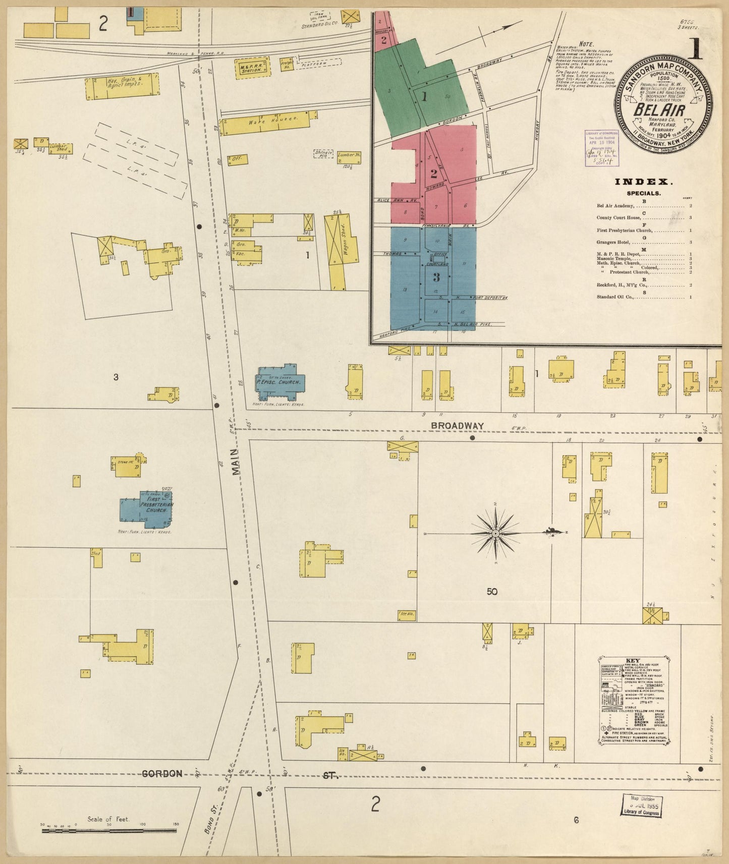 Sanborn Fire Insurance Map from Bel Air, Harford County, Maryland (1904), Sheet #0001 - Historic Sanborn Fire Insurance Map Print, vintage old map wall art, antique decor, genealogy gift, Maryland Maryland map