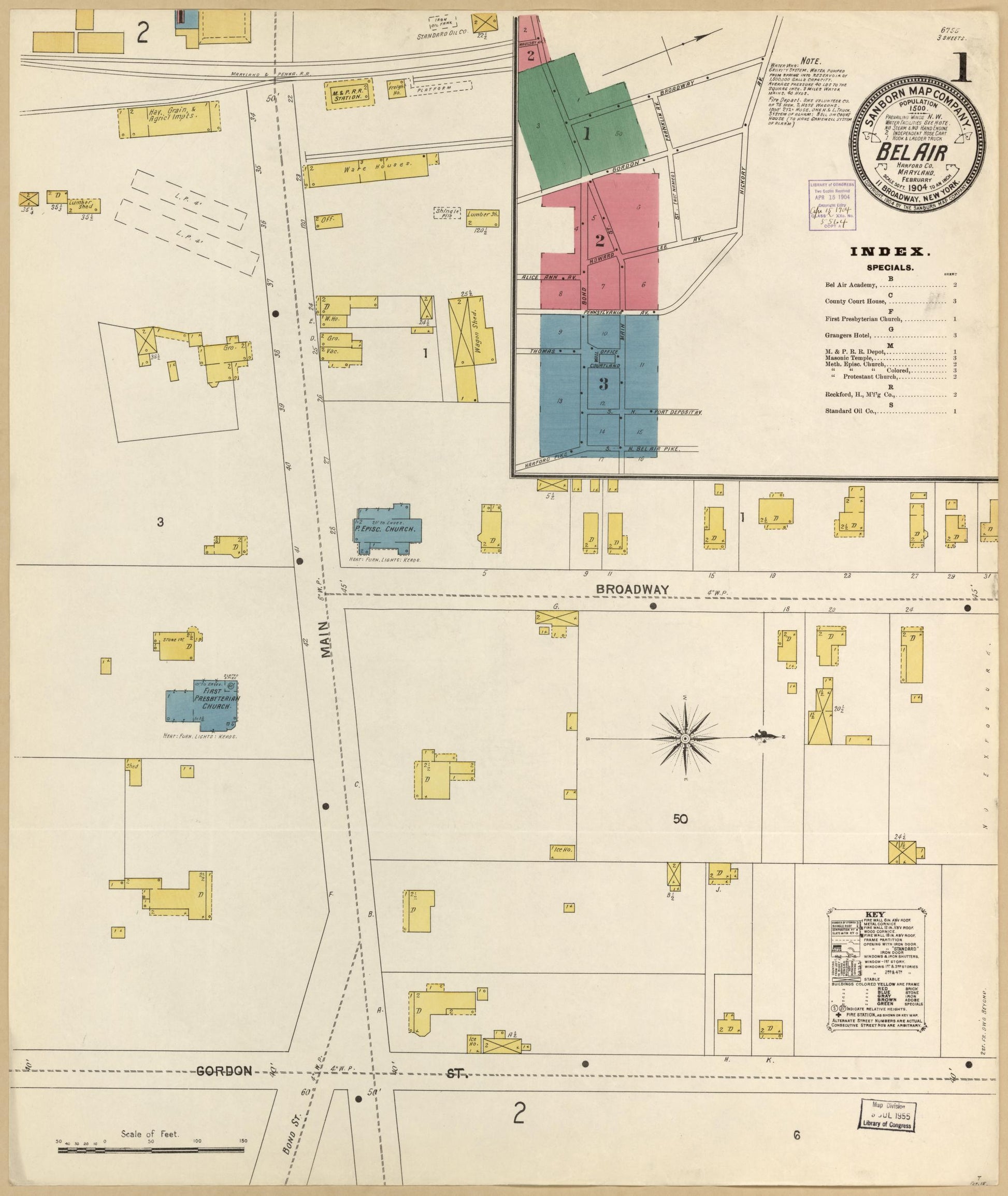 Sanborn Fire Insurance Map from Bel Air, Harford County, Maryland (1904), Sheet #0001 - Historic Sanborn Fire Insurance Map Print, vintage old map wall art, antique decor, genealogy gift, Maryland Maryland map