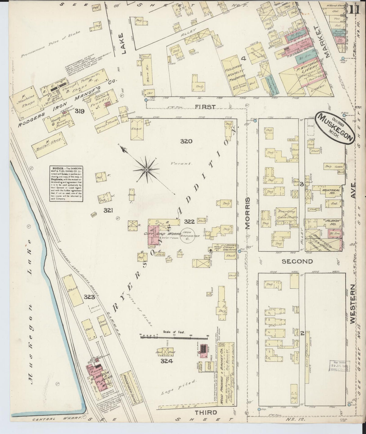 Sanborn Fire Insurance Map from Muskegon, Muskegon County, Michigan (1883), Sheet #0011 - Historic Sanborn Fire Insurance Map Print, vintage old map wall art, antique decor, genealogy gift, Michigan Michigan map