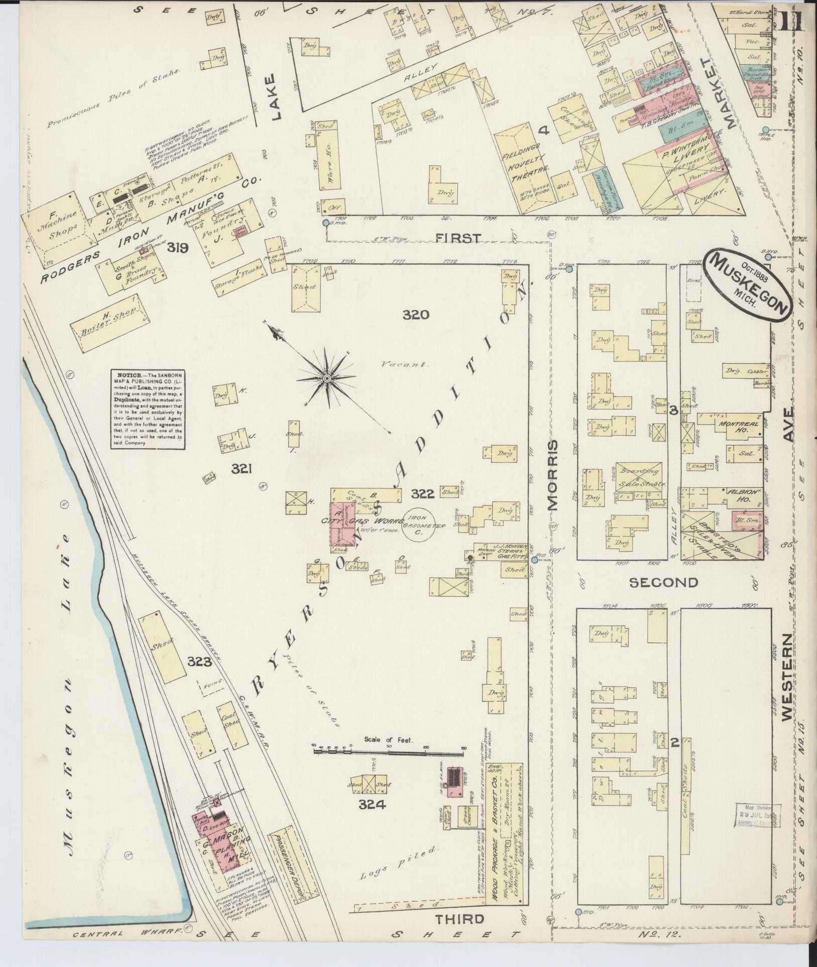 Sanborn Fire Insurance Map from Muskegon, Muskegon County, Michigan (1883), Sheet #0011 - Historic Sanborn Fire Insurance Map Print, vintage old map wall art, antique decor, genealogy gift, Michigan Michigan map
