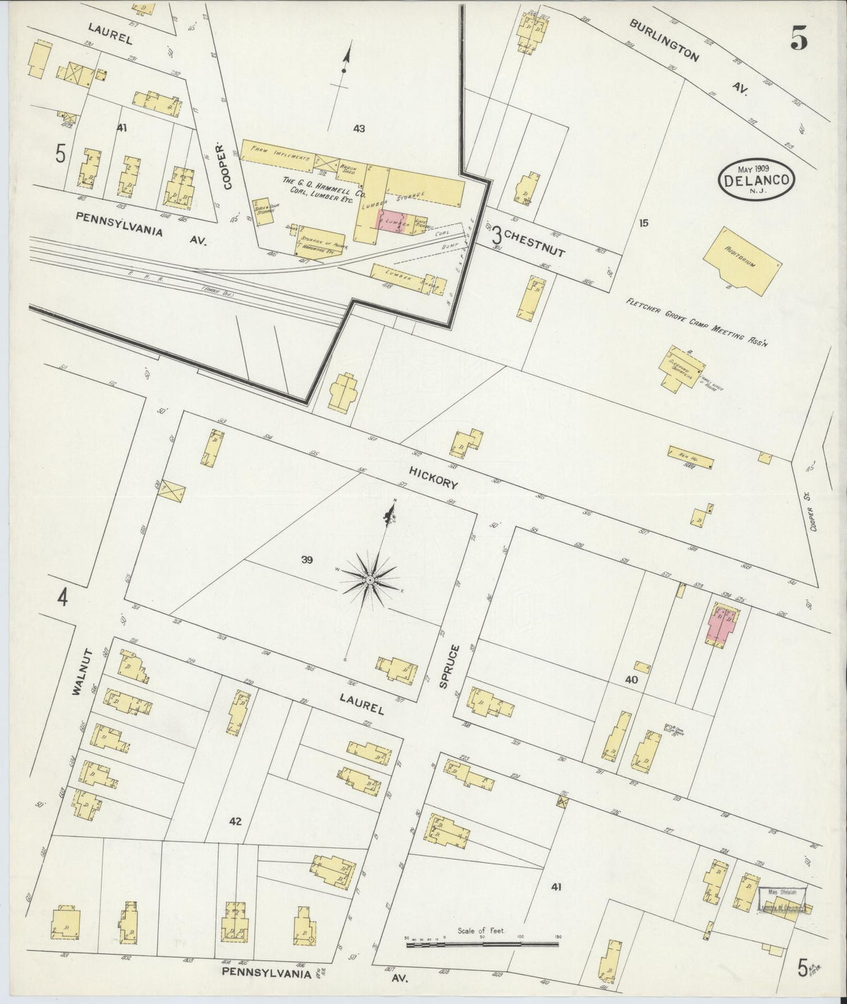 Sanborn Fire Insurance Map from Delanco, Burlington County, New Jersey (1909), Sheet #0005 - Historic Sanborn Fire Insurance Map Print, vintage old map wall art, antique decor, genealogy gift, New Jersey New Jersey map