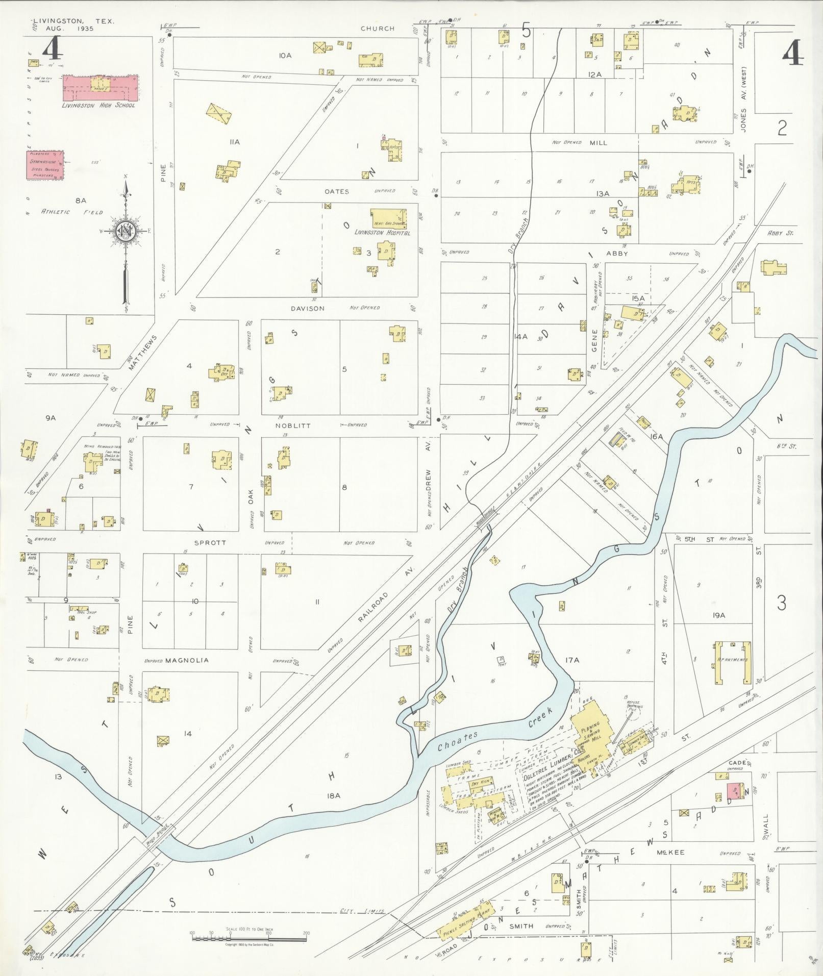 Sanborn Fire Insurance Map from Livingston, Polk County, Texas (1935), Sheet #0004 - Historic Sanborn Fire Insurance Map Print, vintage old map wall art, antique decor, genealogy gift, Texas Texas map
