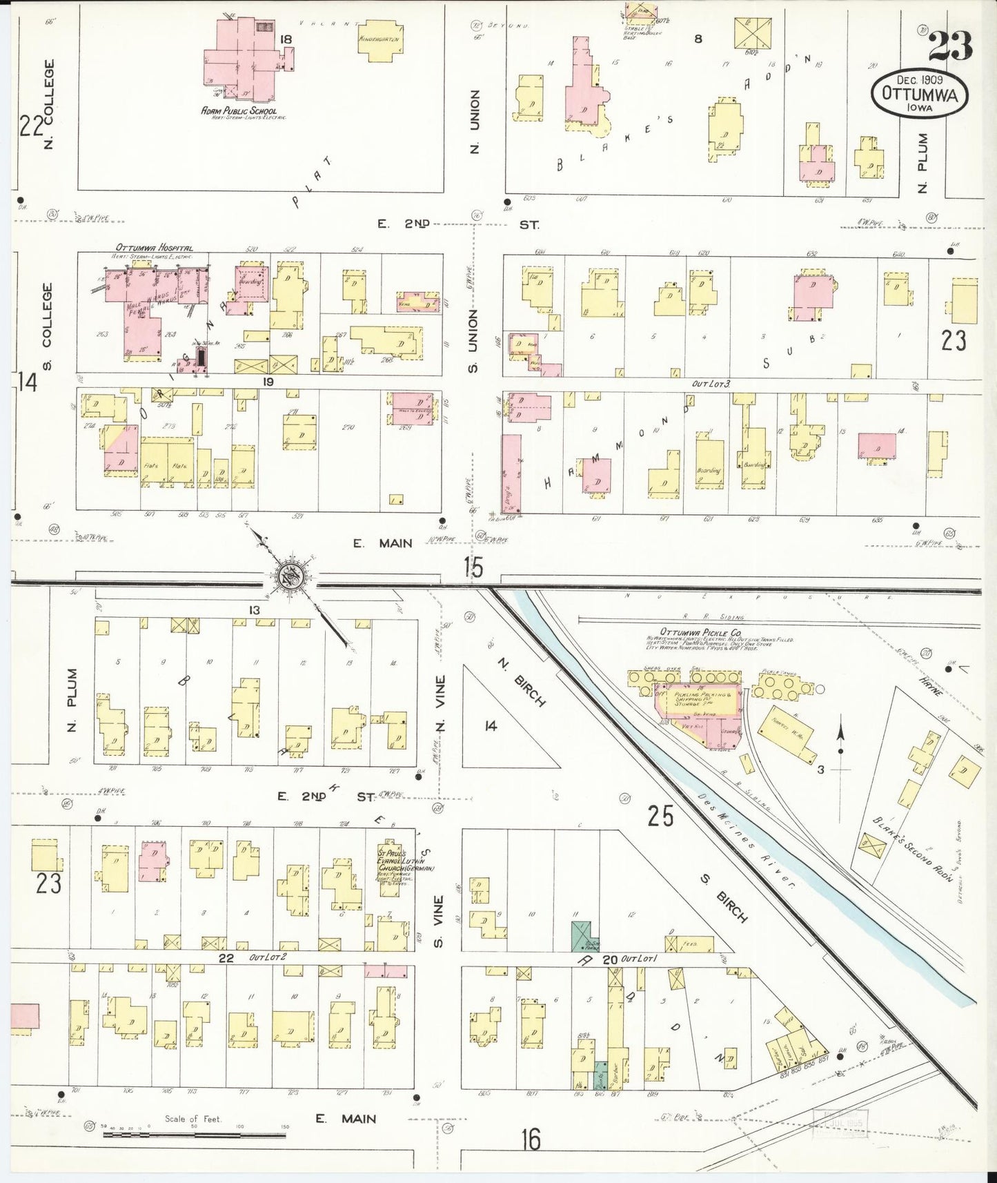 Sanborn Fire Insurance Map from Ottumwa, Wapello County, Iowa (1909), Sheet #0023 - Historic Sanborn Fire Insurance Map Print, vintage old map wall art