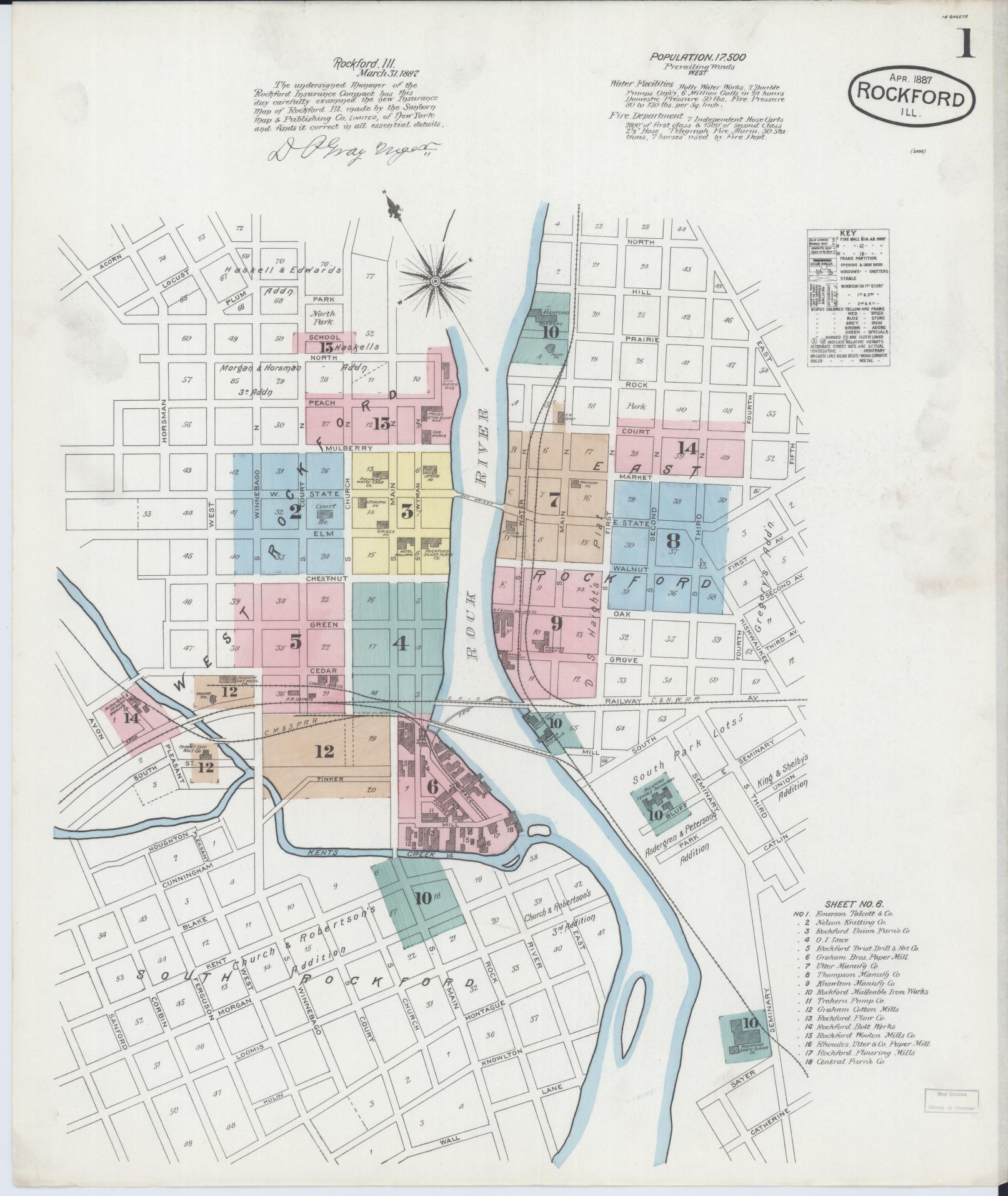 Sanborn Fire Insurance Map from Rockford, Winnebago County, Illinois (1887), Sheet #0001 - Complete Map Set gallery image, historic Sanborn map, vintage wall art, Illinois Illinois