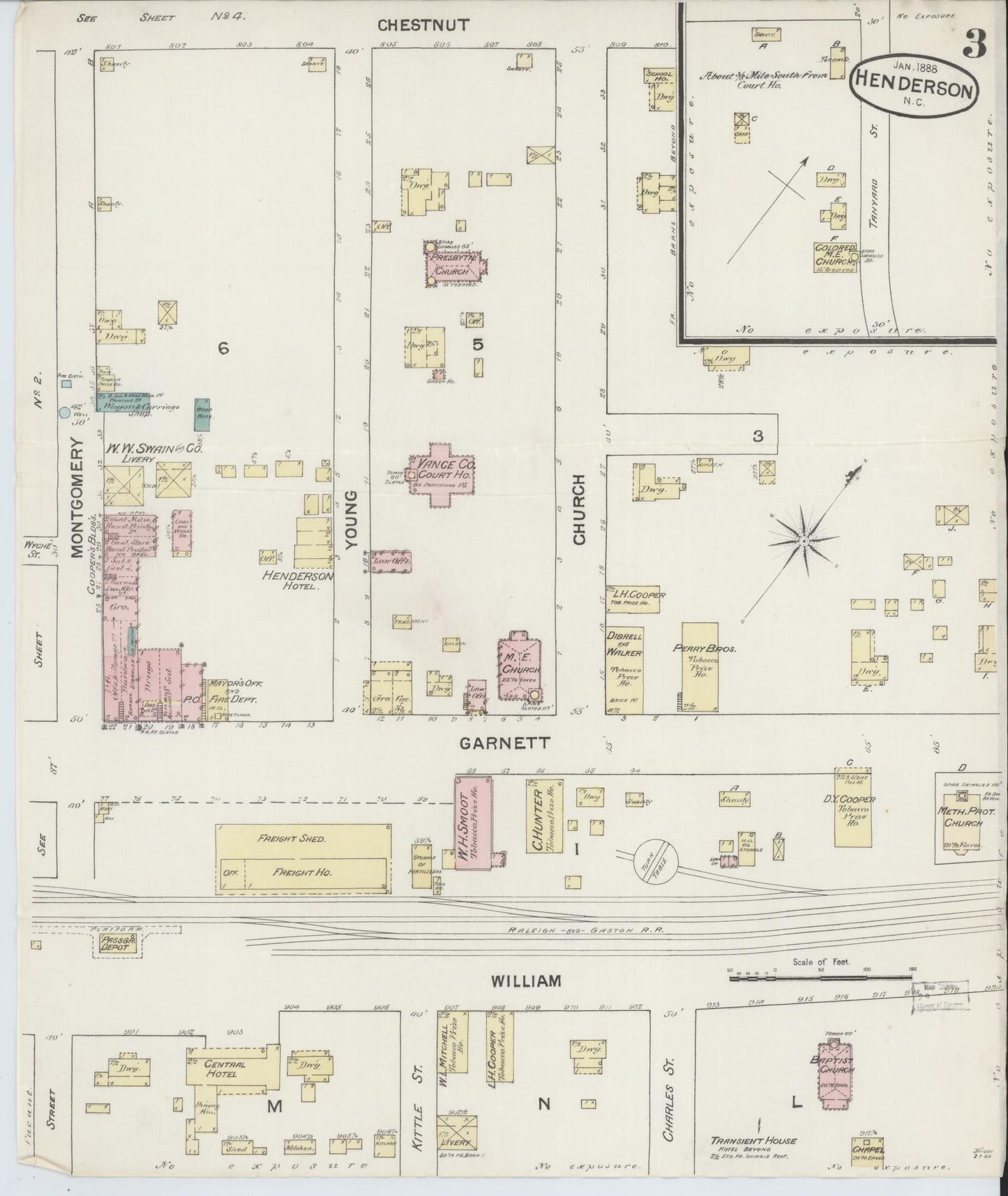 Sanborn Fire Insurance Map from Henderson, Vance County, North Carolina (1888), Sheet #0003 - Historic Sanborn Fire Insurance Map Print, vintage old map wall art, antique decor, genealogy gift, North Carolina North Carolina map