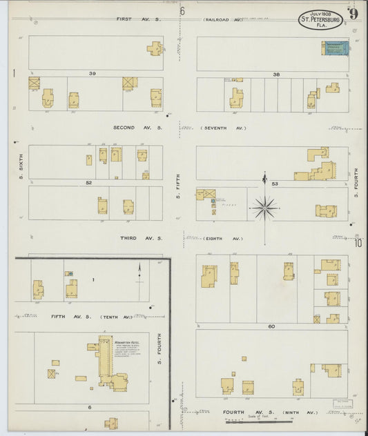 Sanborn Fire Insurance Map from Saint Petersburg, Pinellas County, Florida (1908), Sheet #0009 - Historic Sanborn Fire Insurance Map Print, vintage old map wall art, antique decor, genealogy gift, Florida Florida map