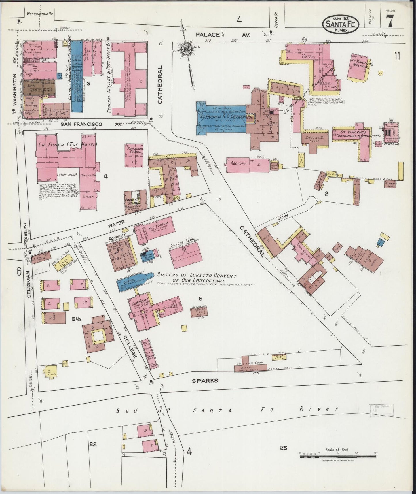 Sanborn Fire Insurance Map from Santa Fe, Santa Fe County, New Mexico (1921), Sheet #0007 - Complete Map Set gallery image, historic Sanborn map, vintage wall art, New Mexico New Mexico