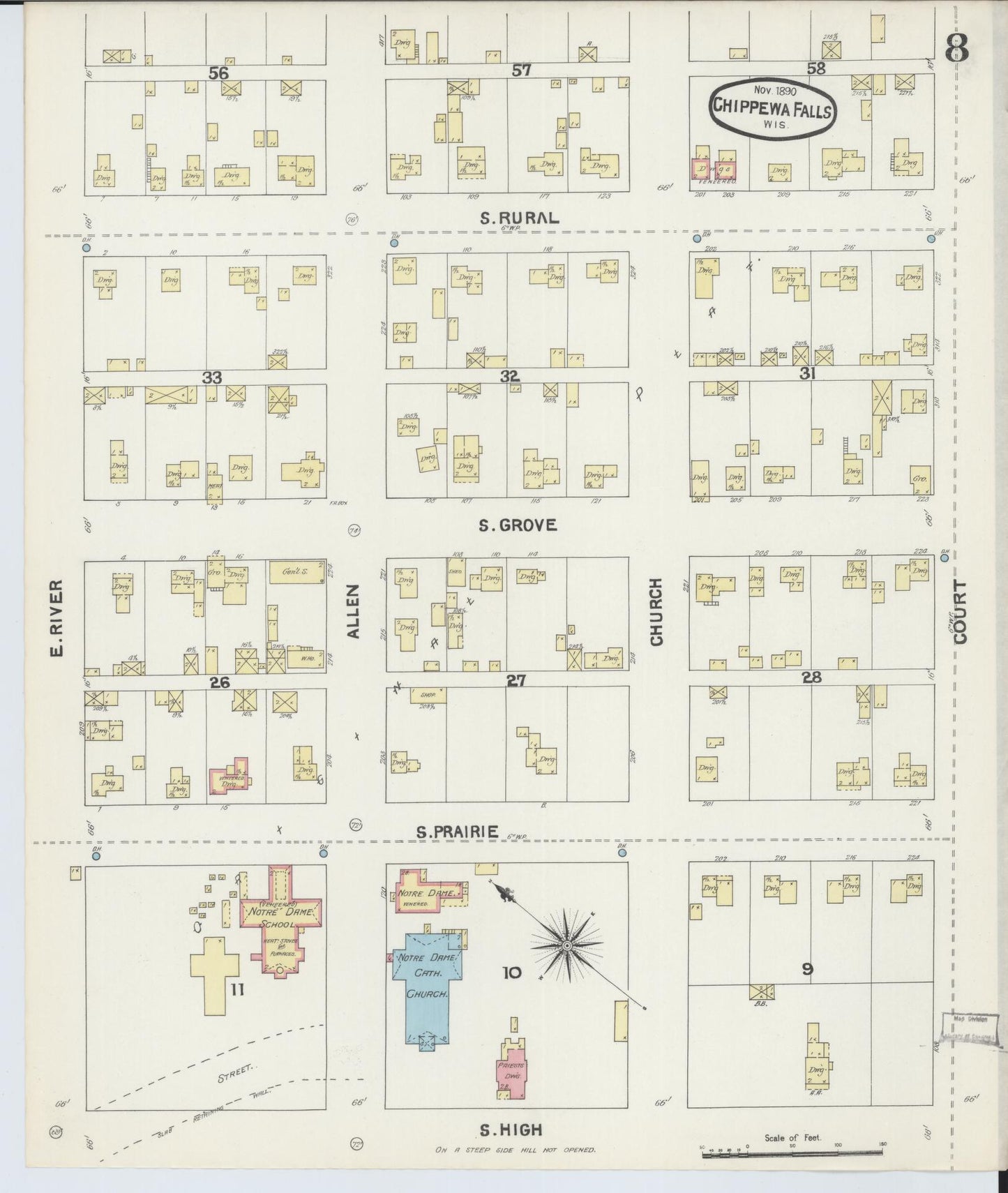 Sanborn Fire Insurance Map from Chippewa Falls, Chippewa County, Wisconsin (1890), Sheet #0008 - Historic Sanborn Fire Insurance Map Print, vintage old map wall art, antique decor, genealogy gift, Wisconsin Wisconsin map