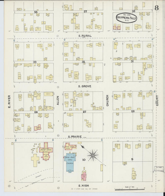 Sanborn Fire Insurance Map from Chippewa Falls, Chippewa County, Wisconsin (1890), Sheet #0008 - Historic Sanborn Fire Insurance Map Print, vintage old map wall art, antique decor, genealogy gift, Wisconsin Wisconsin map