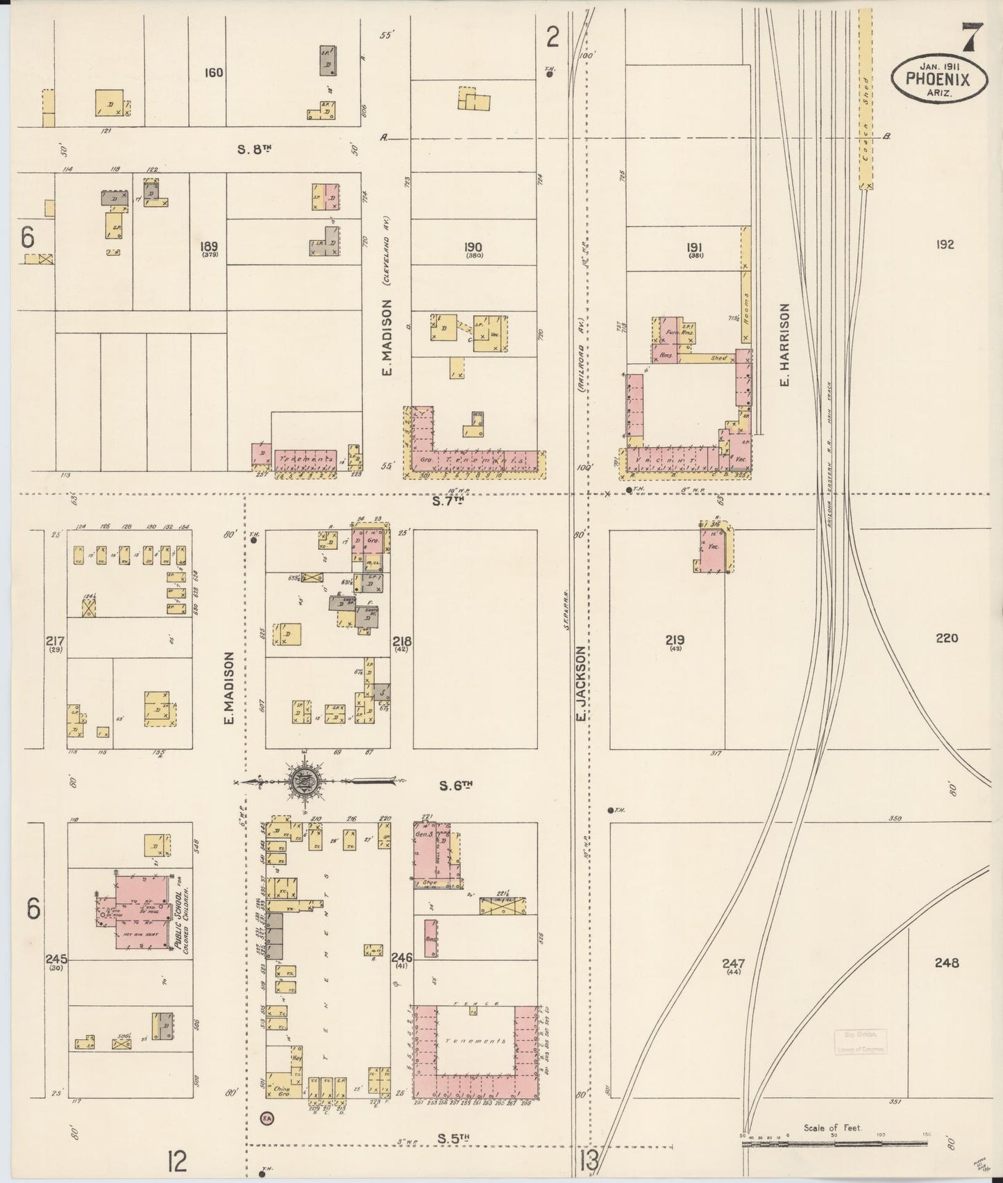 Sanborn Fire Insurance Map from Phoenix, Maricopa County, Arizona (1911), Sheet #0007 - Historic Sanborn Fire Insurance Map Print, vintage old map wall art, antique decor, genealogy gift, Arizona Arizona map